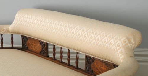 fig 4. Antique Edwardian Three Piece Rosewood & Mahogany Marquetry Inlaid Upholstered Salon Sofa & Pair of Armchairs Suite (Circa 1900)