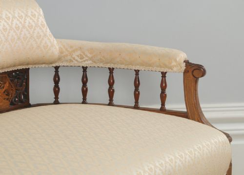 fig 6. Antique Edwardian Three Piece Rosewood & Mahogany Marquetry Inlaid Upholstered Salon Sofa & Pair of Armchairs Suite (Circa 1900)