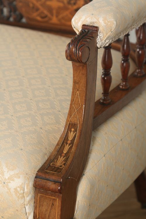 fig 7. Antique Edwardian Three Piece Rosewood & Mahogany Marquetry Inlaid Upholstered Salon Sofa & Pair of Armchairs Suite (Circa 1900)