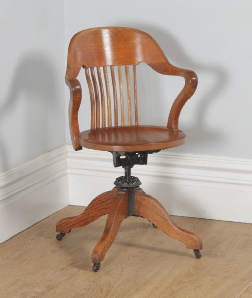 Antique English Edwardian Oak Revolving Office Desk Arm Chair (Circa 1910)