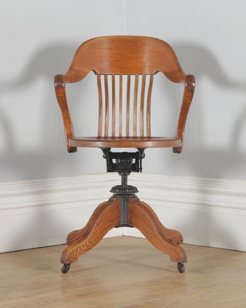 fig 1. Antique English Edwardian Oak Revolving Office Desk Arm Chair (Circa 1910)