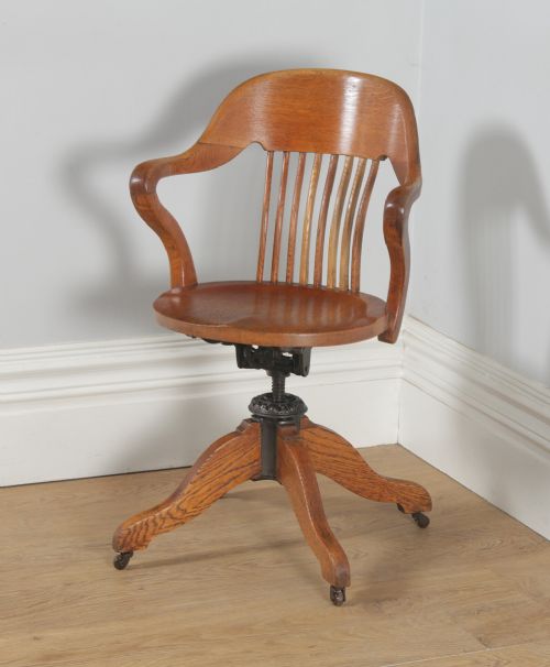 fig 2. Antique English Edwardian Oak Revolving Office Desk Arm Chair (Circa 1910)