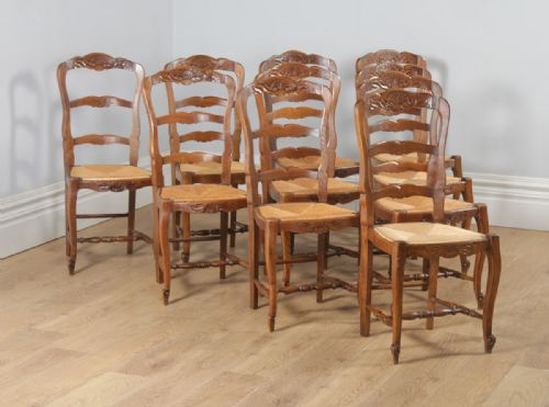 Antique Set of 10 French Louis XV Style Oak Ladder Back Rush Seat Kitchen Dining Chairs (Circa 1910)