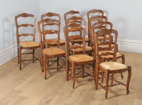 fig 1. Antique Set of 10 French Louis XV Style Oak Ladder Back Rush Seat Kitchen Dining Chairs (Circa 1910)