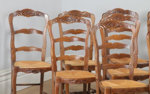 fig 2. Antique Set of 10 French Louis XV Style Oak Ladder Back Rush Seat Kitchen Dining Chairs (Circa 1910)