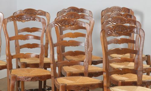 fig 3. Antique Set of 10 French Louis XV Style Oak Ladder Back Rush Seat Kitchen Dining Chairs (Circa 1910)