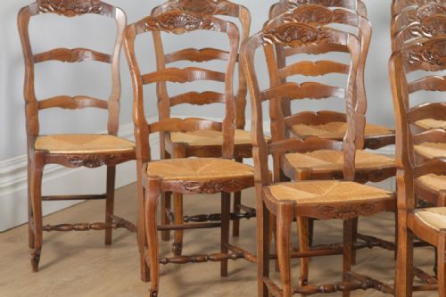 fig 4. Antique Set of 10 French Louis XV Style Oak Ladder Back Rush Seat Kitchen Dining Chairs (Circa 1910)