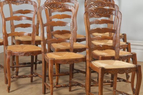 fig 5. Antique Set of 10 French Louis XV Style Oak Ladder Back Rush Seat Kitchen Dining Chairs (Circa 1910)
