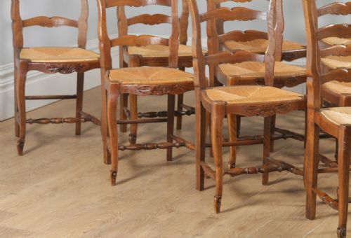 fig 6. Antique Set of 10 French Louis XV Style Oak Ladder Back Rush Seat Kitchen Dining Chairs (Circa 1910)