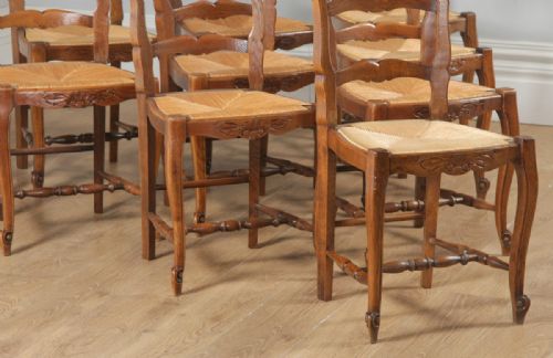 fig 7. Antique Set of 10 French Louis XV Style Oak Ladder Back Rush Seat Kitchen Dining Chairs (Circa 1910)
