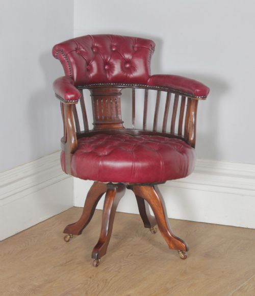 Antique English Victorian Mahogany & Burgundy Red Leather Revolving Office Desk Arm Chair (Circa 1880)