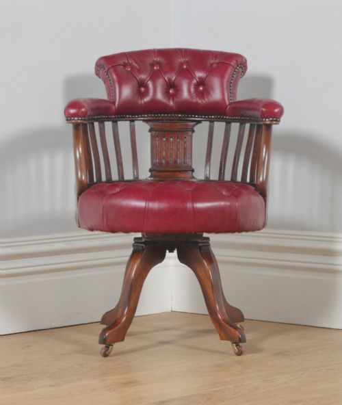 fig 1. Antique English Victorian Mahogany & Burgundy Red Leather Revolving Office Desk Arm Chair (Circa 1880)