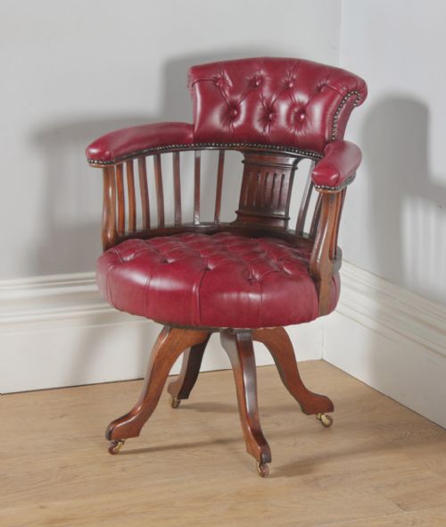 fig 2. Antique English Victorian Mahogany & Burgundy Red Leather Revolving Office Desk Arm Chair (Circa 1880)
