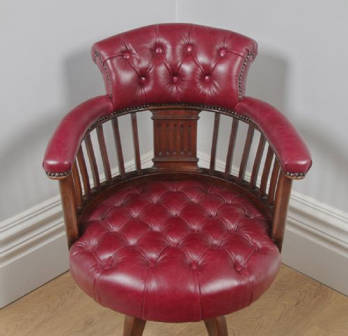 fig 3. Antique English Victorian Mahogany & Burgundy Red Leather Revolving Office Desk Arm Chair (Circa 1880)