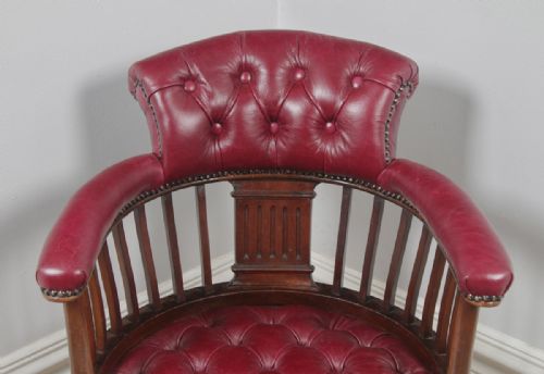 fig 4. Antique English Victorian Mahogany & Burgundy Red Leather Revolving Office Desk Arm Chair (Circa 1880)