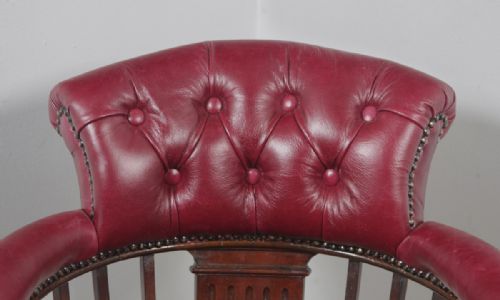fig 5. Antique English Victorian Mahogany & Burgundy Red Leather Revolving Office Desk Arm Chair (Circa 1880)
