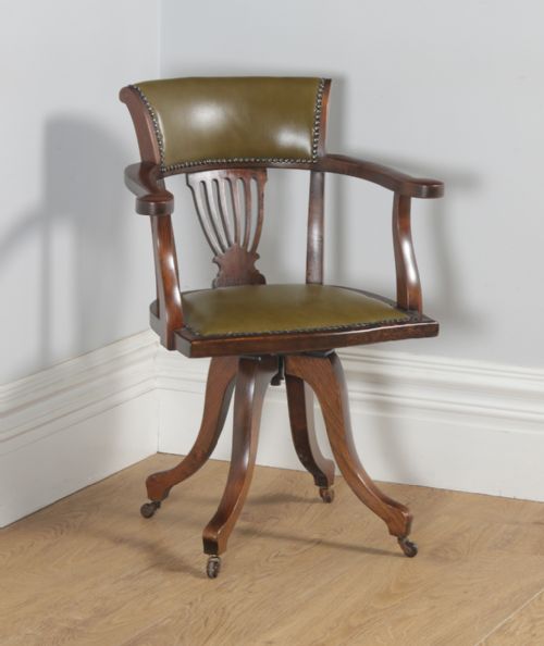Antique English Victorian Beech & Green Leather Revolving Office Desk Arm Chair (Circa 1900)