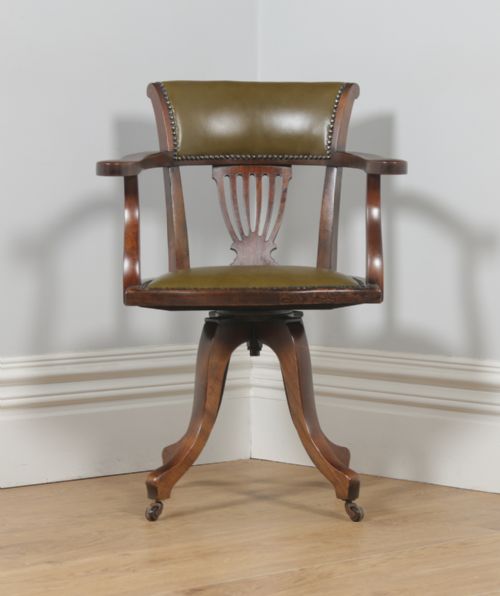 fig 1. Antique English Victorian Beech & Green Leather Revolving Office Desk Arm Chair (Circa 1900)