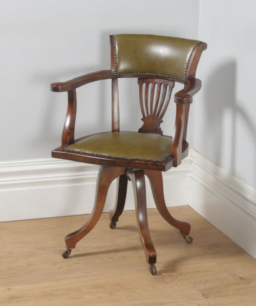 fig 2. Antique English Victorian Beech & Green Leather Revolving Office Desk Arm Chair (Circa 1900)