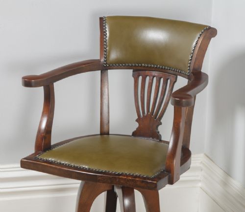 fig 3. Antique English Victorian Beech & Green Leather Revolving Office Desk Arm Chair (Circa 1900)