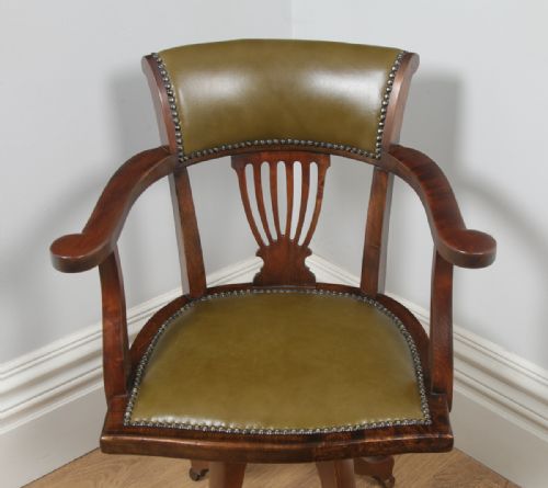 fig 4. Antique English Victorian Beech & Green Leather Revolving Office Desk Arm Chair (Circa 1900)