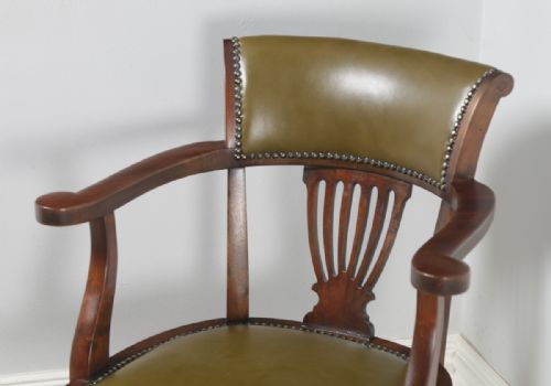 fig 5. Antique English Victorian Beech & Green Leather Revolving Office Desk Arm Chair (Circa 1900)