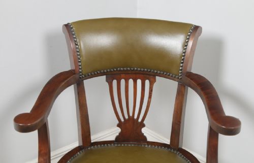 fig 6. Antique English Victorian Beech & Green Leather Revolving Office Desk Arm Chair (Circa 1900)