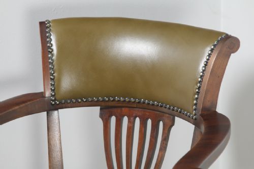 fig 7. Antique English Victorian Beech & Green Leather Revolving Office Desk Arm Chair (Circa 1900)