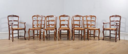 fig 1. Antique Set of 12 French Louis XV Style Oak Ladder Back Rush Seat Kitchen Dining Chairs (Circa 1910)