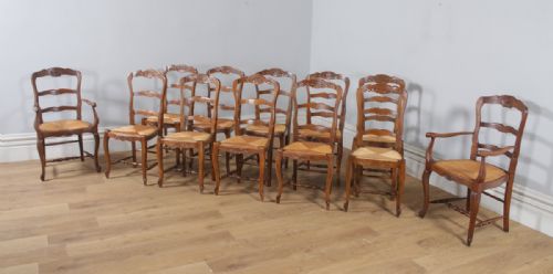 fig 2. Antique Set of 12 French Louis XV Style Oak Ladder Back Rush Seat Kitchen Dining Chairs (Circa 1910)