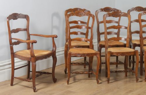 fig 3. Antique Set of 12 French Louis XV Style Oak Ladder Back Rush Seat Kitchen Dining Chairs (Circa 1910)