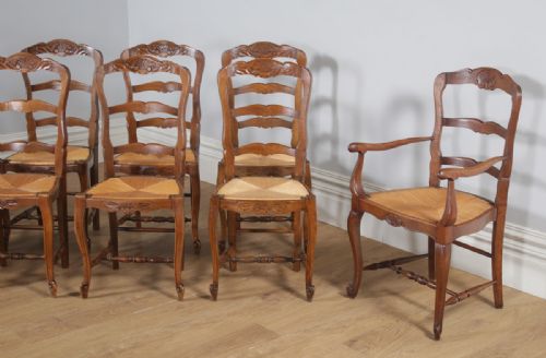 fig 4. Antique Set of 12 French Louis XV Style Oak Ladder Back Rush Seat Kitchen Dining Chairs (Circa 1910)