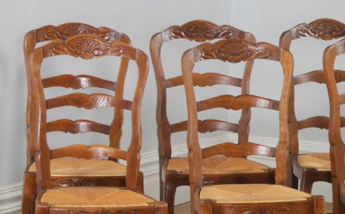 fig 5. Antique Set of 12 French Louis XV Style Oak Ladder Back Rush Seat Kitchen Dining Chairs (Circa 1910)