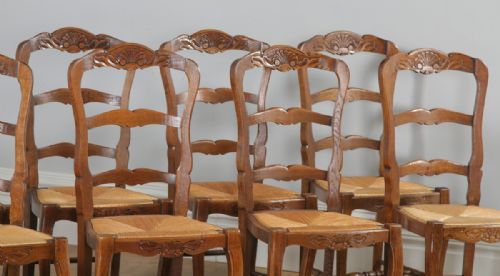 fig 6. Antique Set of 12 French Louis XV Style Oak Ladder Back Rush Seat Kitchen Dining Chairs (Circa 1910)
