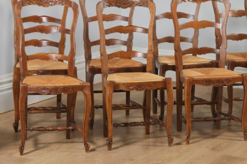 fig 7. Antique Set of 12 French Louis XV Style Oak Ladder Back Rush Seat Kitchen Dining Chairs (Circa 1910)