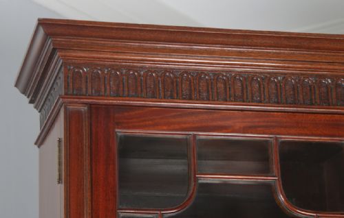 fig 1. Antique English Georgian Style Flame Mahogany Glazed Library Office Bookcase Cupboard by S&H Jewell of London (Circa 1900)