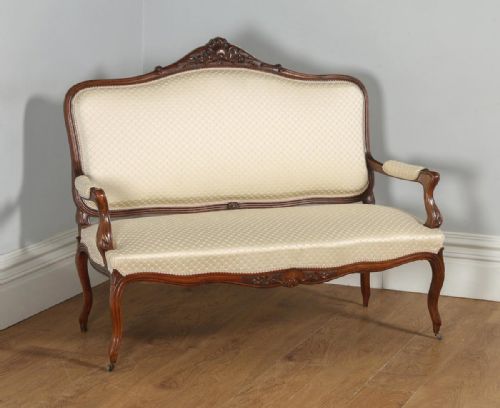 Antique French Pair of Louis XV Style Walnut Upholstered Salon Couch Sofa Settee (Circa 1860)
