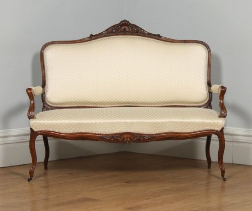 fig 1. Antique French Pair of Louis XV Style Walnut Upholstered Salon Couch Sofa Settee (Circa 1860)