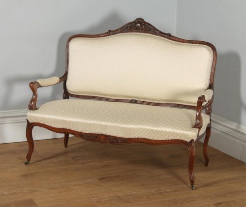 fig 2. Antique French Pair of Louis XV Style Walnut Upholstered Salon Couch Sofa Settee (Circa 1860)