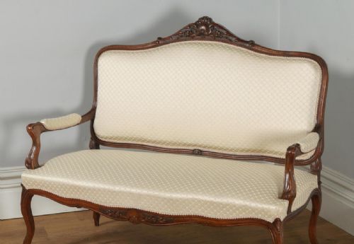 fig 3. Antique French Pair of Louis XV Style Walnut Upholstered Salon Couch Sofa Settee (Circa 1860)