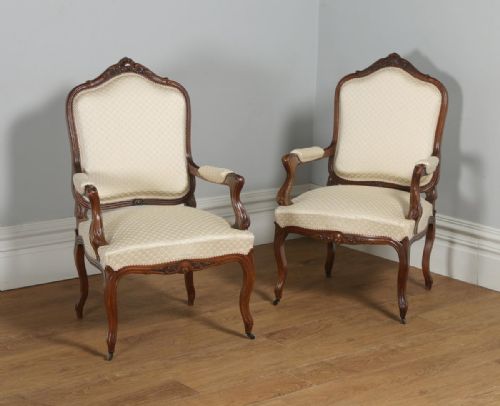 Antique French Pair of Louis XV Style Walnut Upholstered Salon Fauteuil Armchairs (Circa 1860)