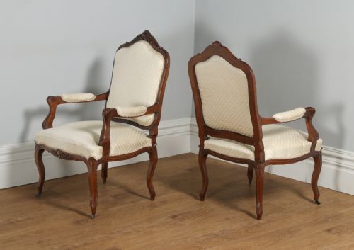 fig 1. Antique French Pair of Louis XV Style Walnut Upholstered Salon Fauteuil Armchairs (Circa 1860)