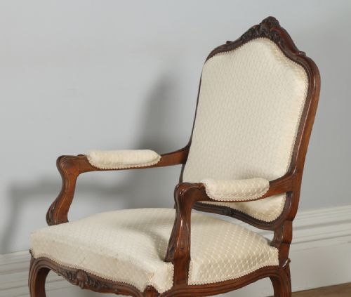 fig 2. Antique French Pair of Louis XV Style Walnut Upholstered Salon Fauteuil Armchairs (Circa 1860)