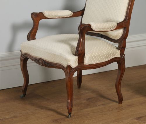 fig 3. Antique French Pair of Louis XV Style Walnut Upholstered Salon Fauteuil Armchairs (Circa 1860)