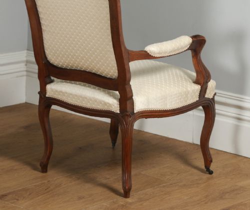 fig 5. Antique French Pair of Louis XV Style Walnut Upholstered Salon Fauteuil Armchairs (Circa 1860)