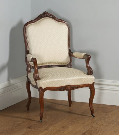 fig 6. Antique French Pair of Louis XV Style Walnut Upholstered Salon Fauteuil Armchairs (Circa 1860)
