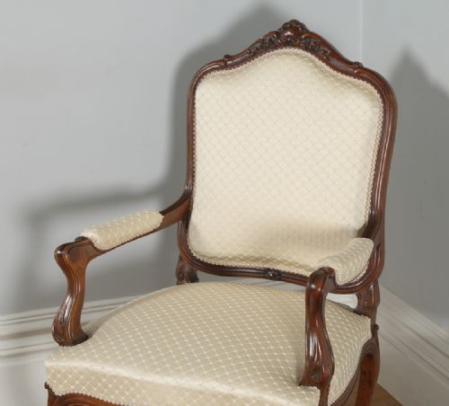 fig 7. Antique French Pair of Louis XV Style Walnut Upholstered Salon Fauteuil Armchairs (Circa 1860)