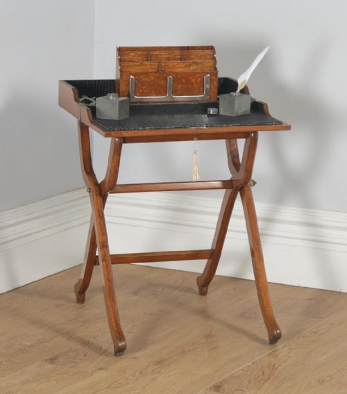 Antique English Victorian Oak Folding Campaign Writing Compendium Desk Table (Circa 1890)