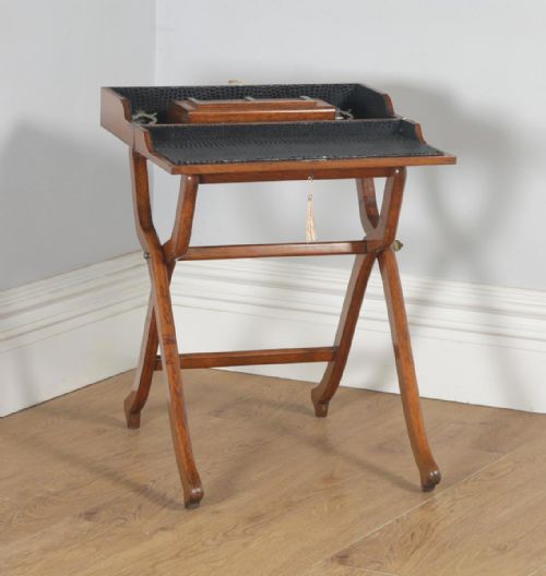 fig 6. Antique English Victorian Oak Folding Campaign Writing Compendium Desk Table (Circa 1890)