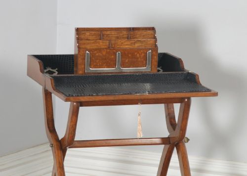 fig 8. Antique English Victorian Oak Folding Campaign Writing Compendium Desk Table (Circa 1890)